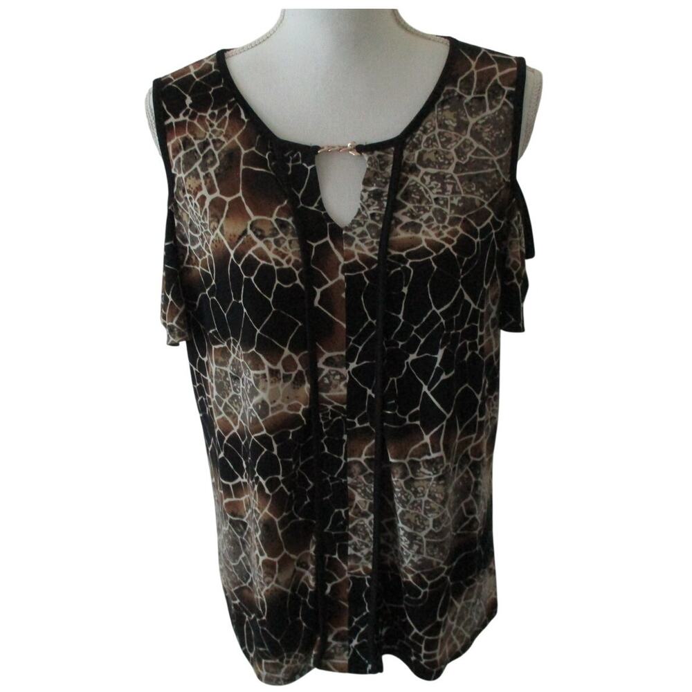 Susan Lawrence Women's Brown Animal Print Short Sleeve Stretch Shirt Size Large